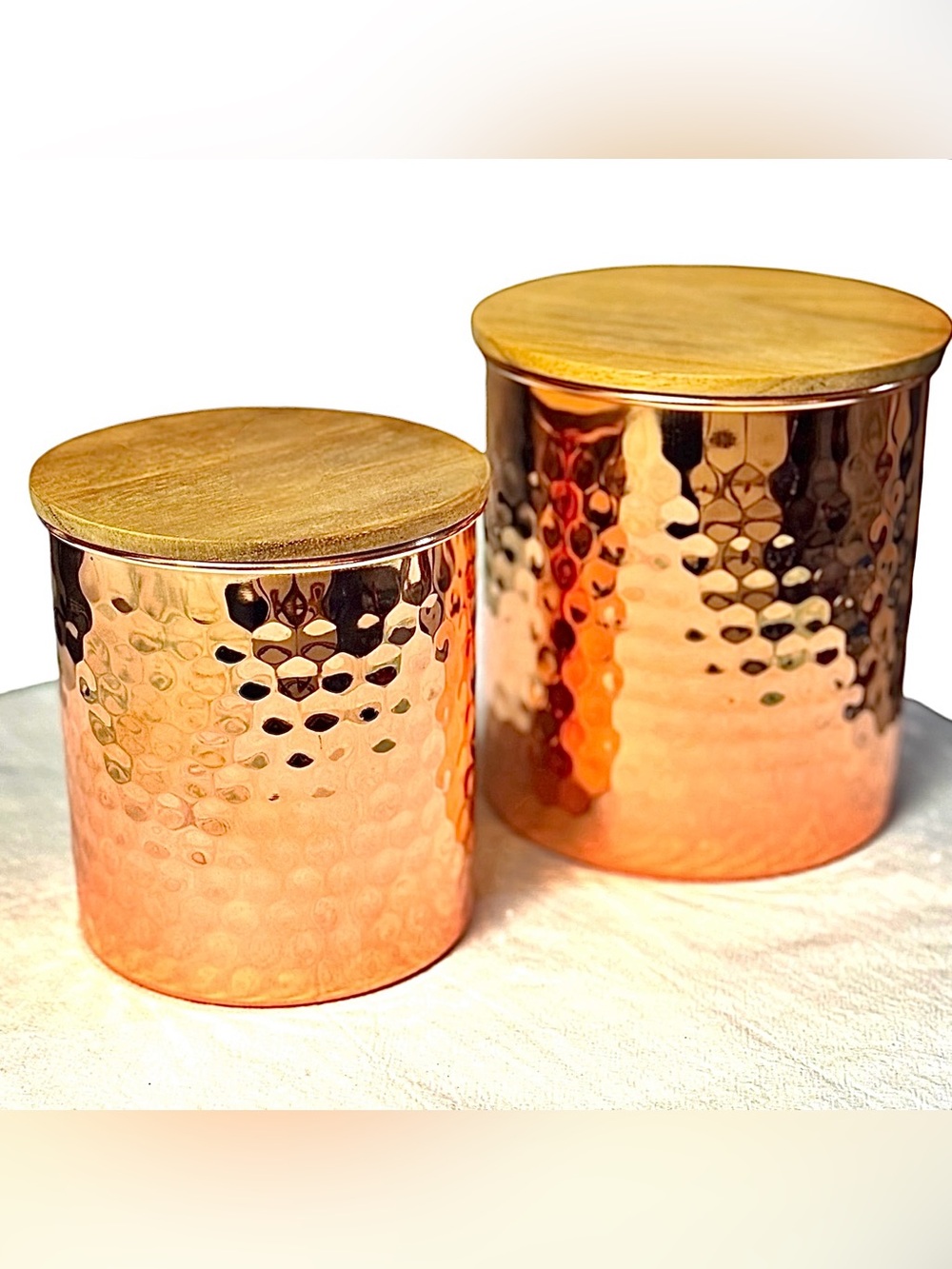 Uncommon James Set of 2 Large Copper Kitchen Canisters w/Acacia Wood Lids NEW